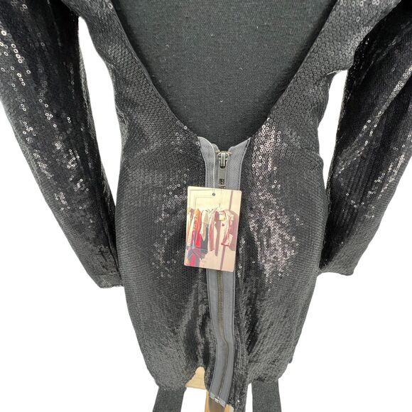 New Silence + Noise‎ Black Sequin Plunge Back Mini Dress Medium - Picture 7 of 9